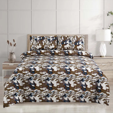 Bedding set with horse pattern on a bed in a bedroom setting
