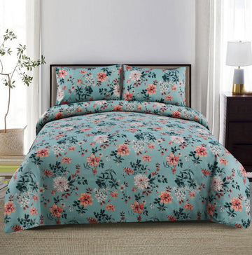 3 Piece Teal and Coral Printed | Tropical Leaf Bedsheet Set-2055