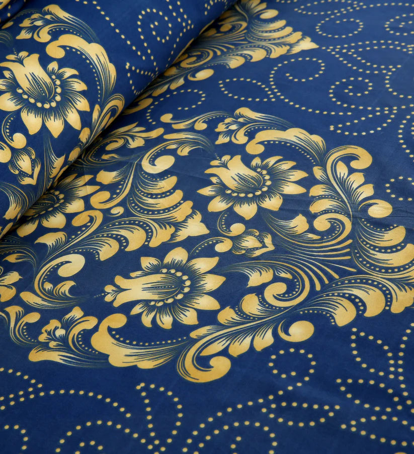 Blue fabric with gold floral pattern