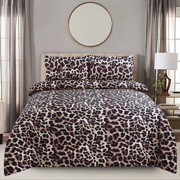 Leopard print bedding set on a bed in a bedroom setting.