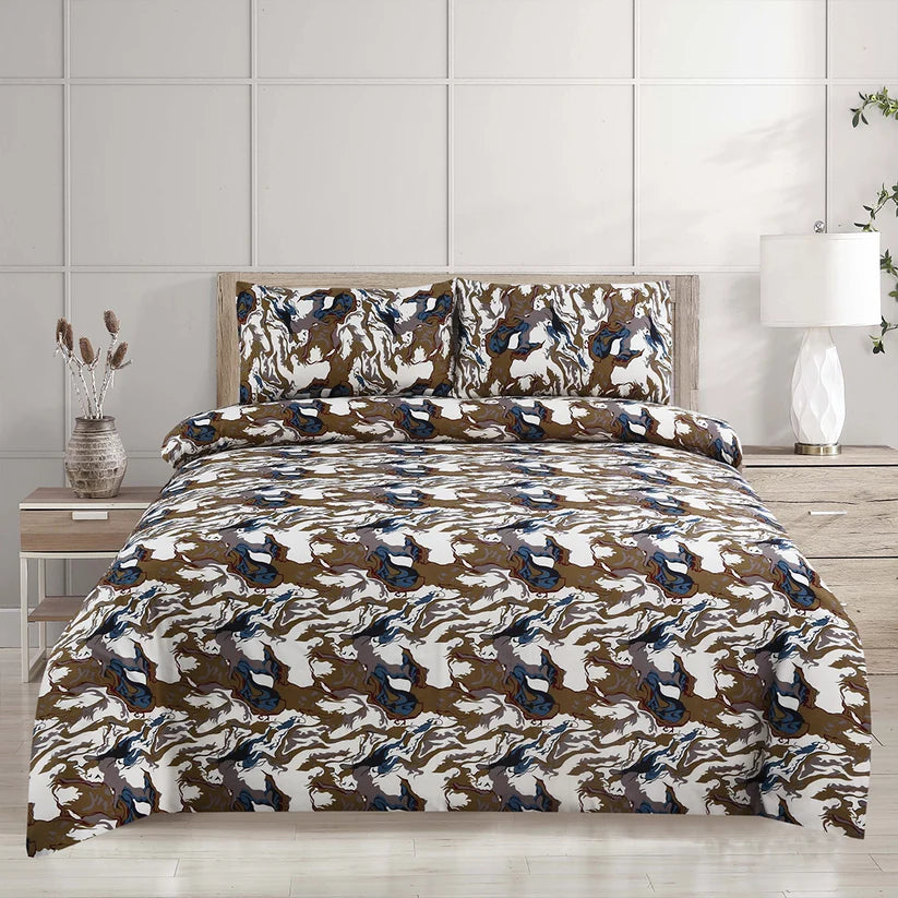 Bedding set with horse pattern on a bed in a bedroom setting