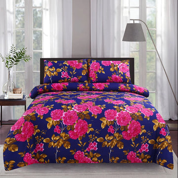 Floral bedding set with pink flowers on a blue background in a bedroom setting.