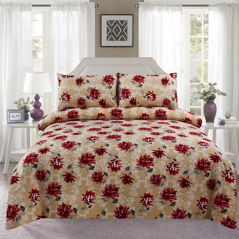 Floral bedding set on a bed with a window and decor in the background
