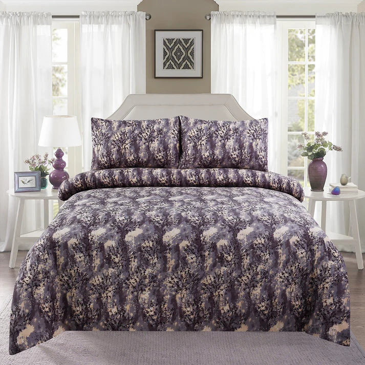 Bedroom with floral-patterned bedding and decorative items.