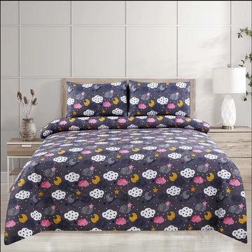 Floral patterned comforter set on a bed in a bedroom setting