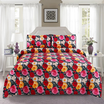 Floral patterned comforter set on a bed in a bedroom setting.
