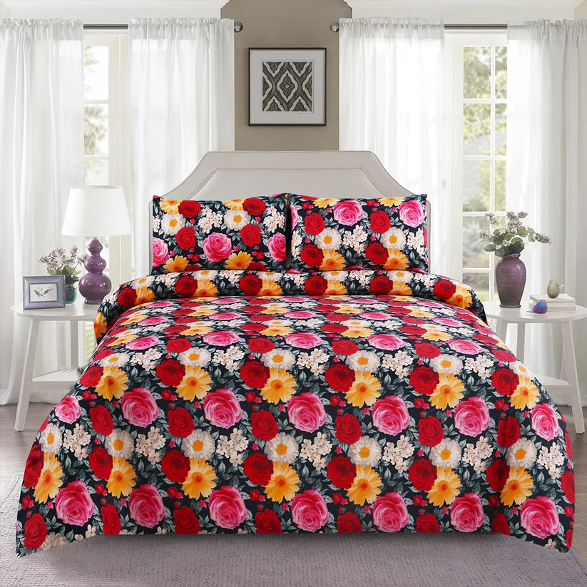 Floral patterned comforter set on a bed in a bedroom setting.