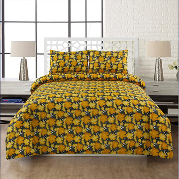 3 Piece Yellow Flowers Printed Bedsheet Set-2001