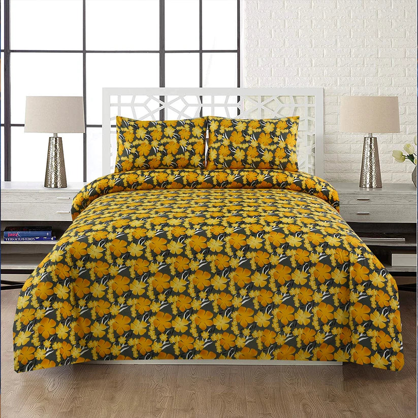 3 Piece Yellow Flowers Printed Bedsheet Set-2001