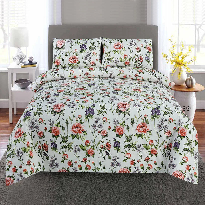 Floral bedding set on a bed in a bedroom setting