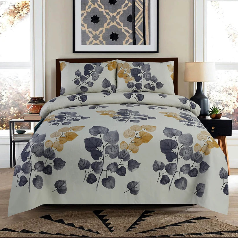 Bed with floral-patterned bedding in a bedroom setting