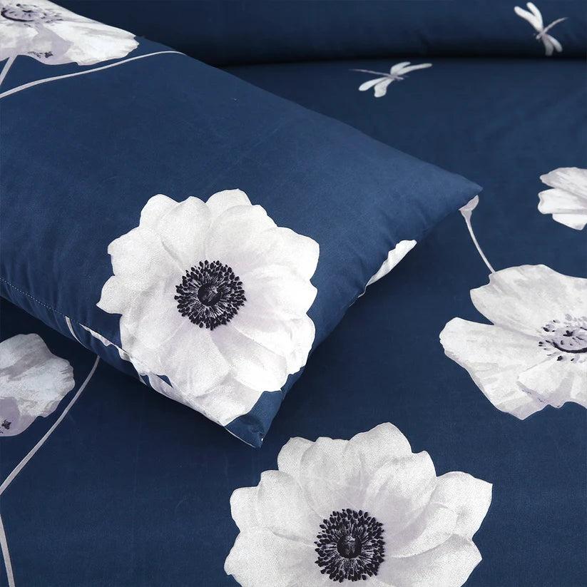 3 Piece Midnight Bloom Navy Blue Printed Bedsheet Set-3001
