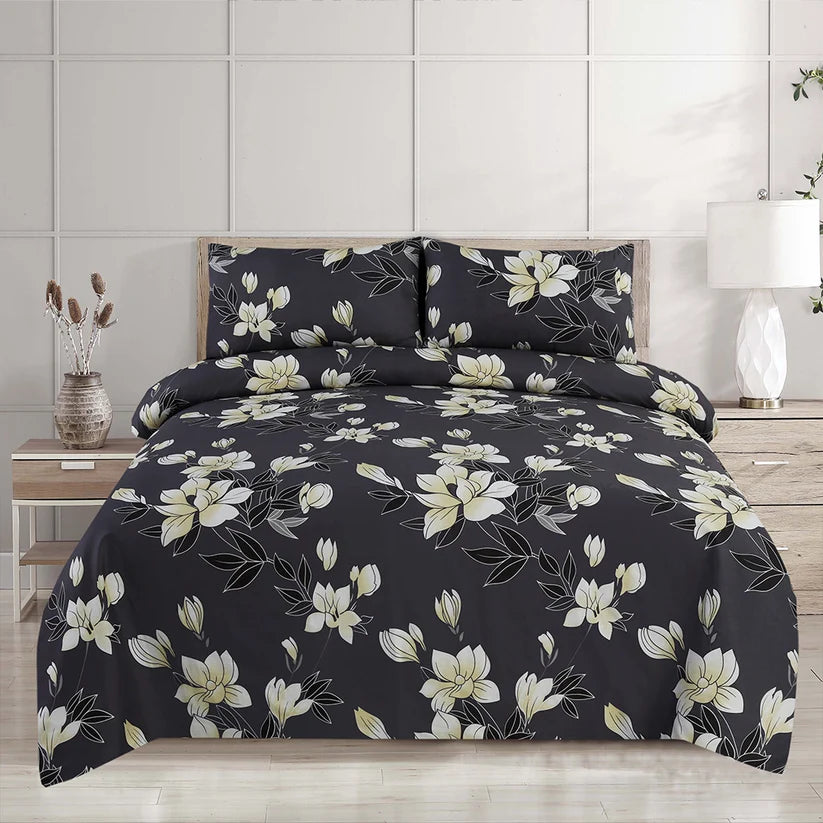  Black Magnolia Floral Printed Bedsheet Set