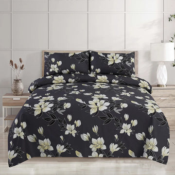  Black Magnolia Floral Printed Bedsheet Set