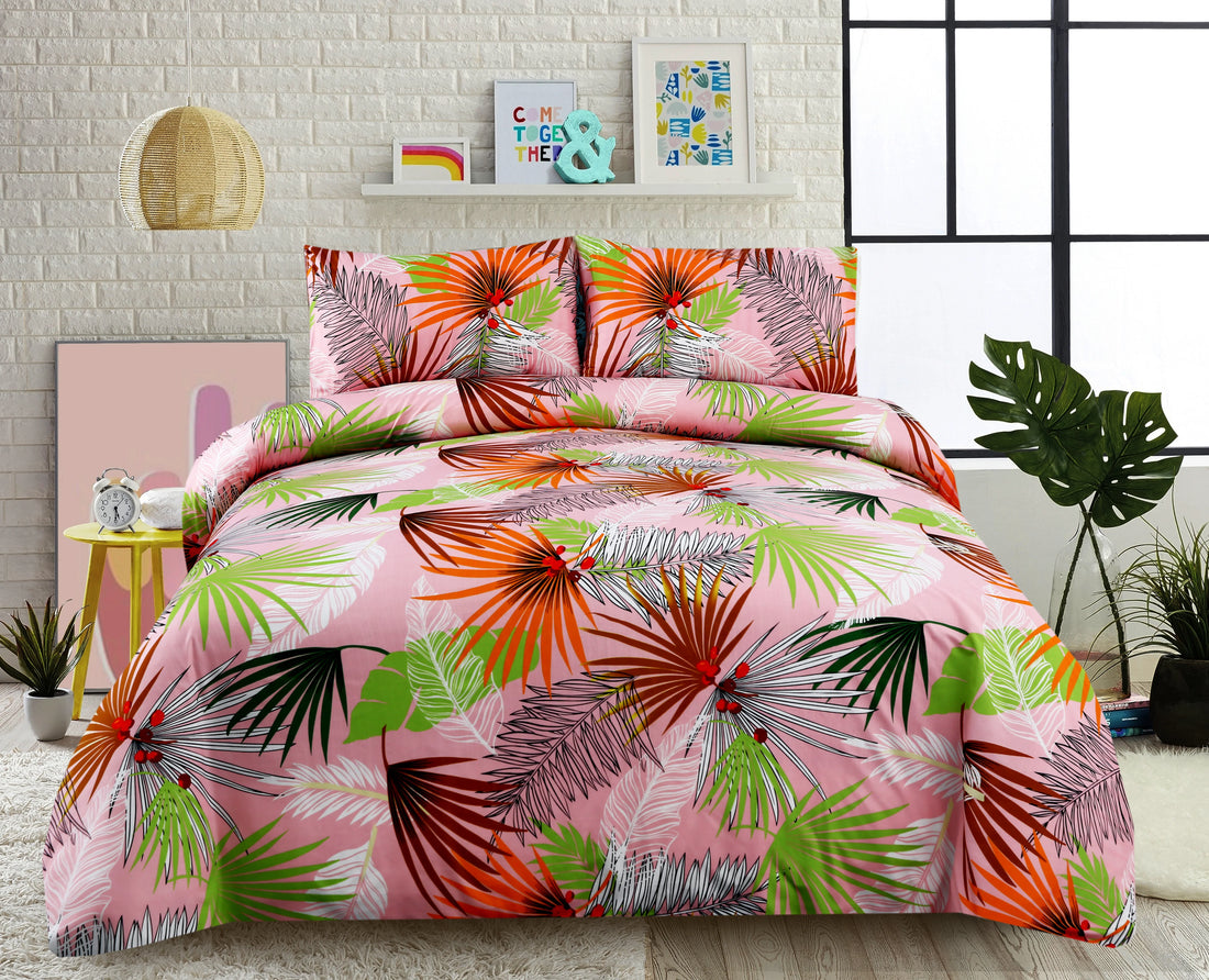 Tropical leaf patterned bedding set on a bed with a colorful headboard and decor.