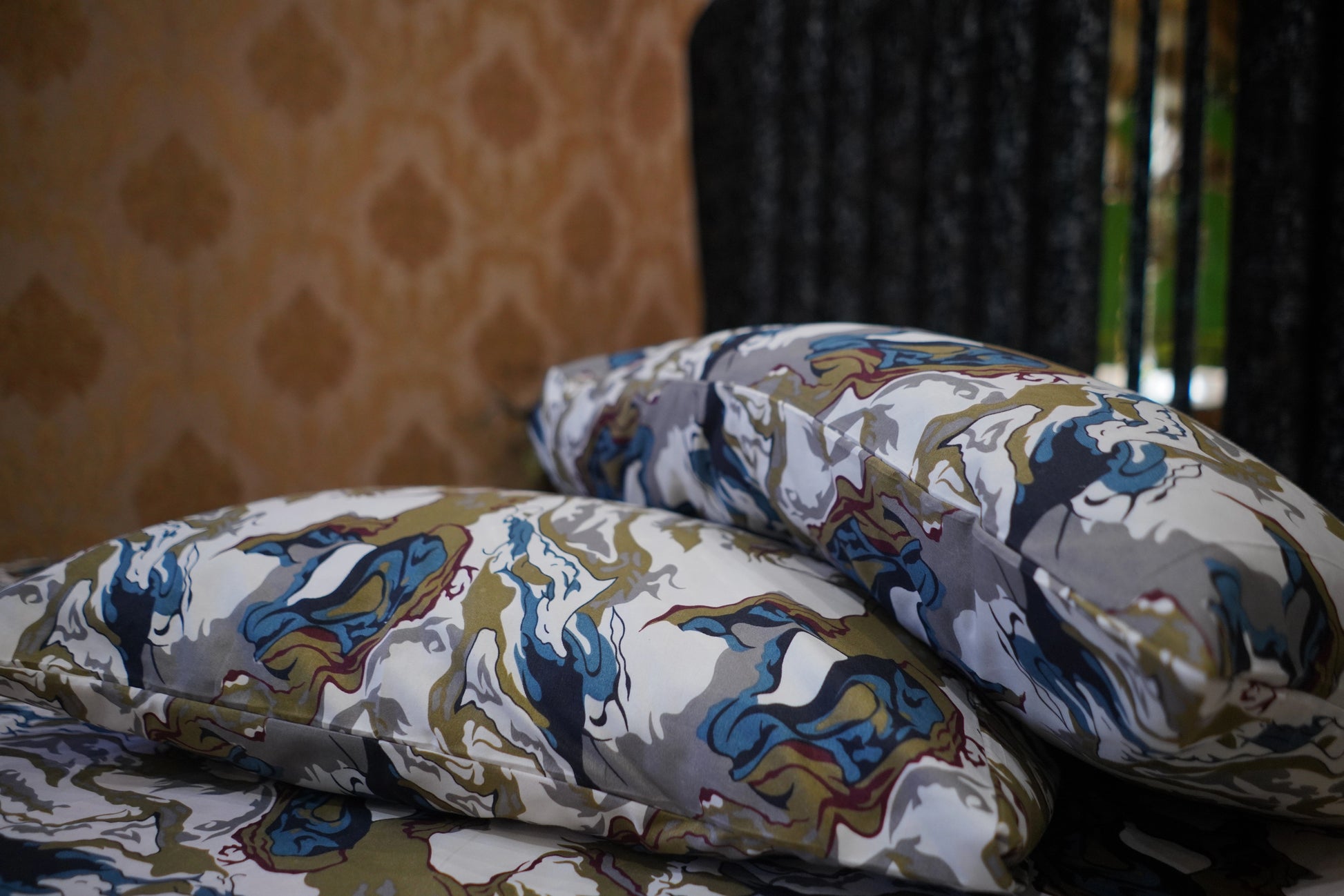 Two patterned pillows on a surface with a blurred background