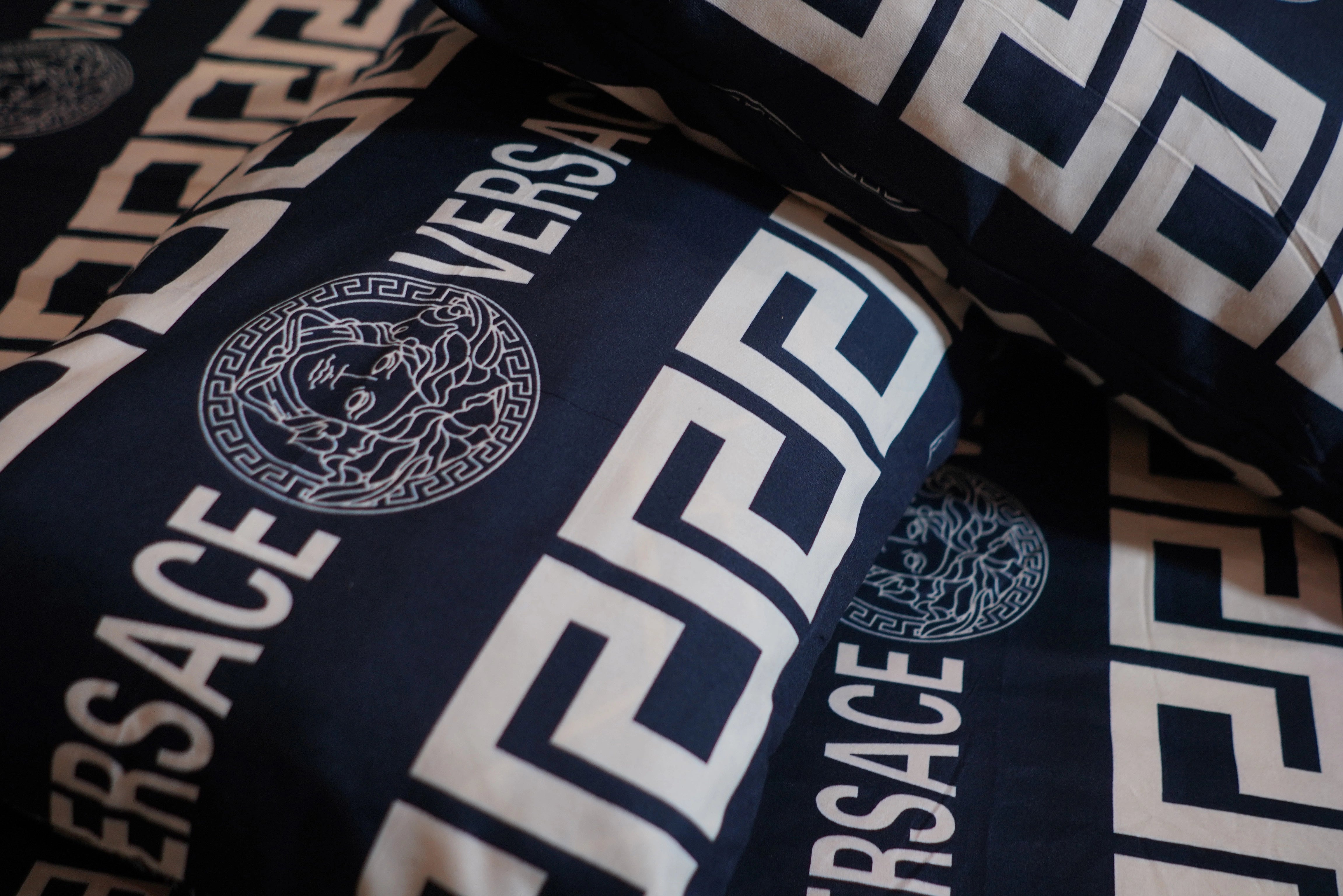 Versace fabric with logo and text pattern