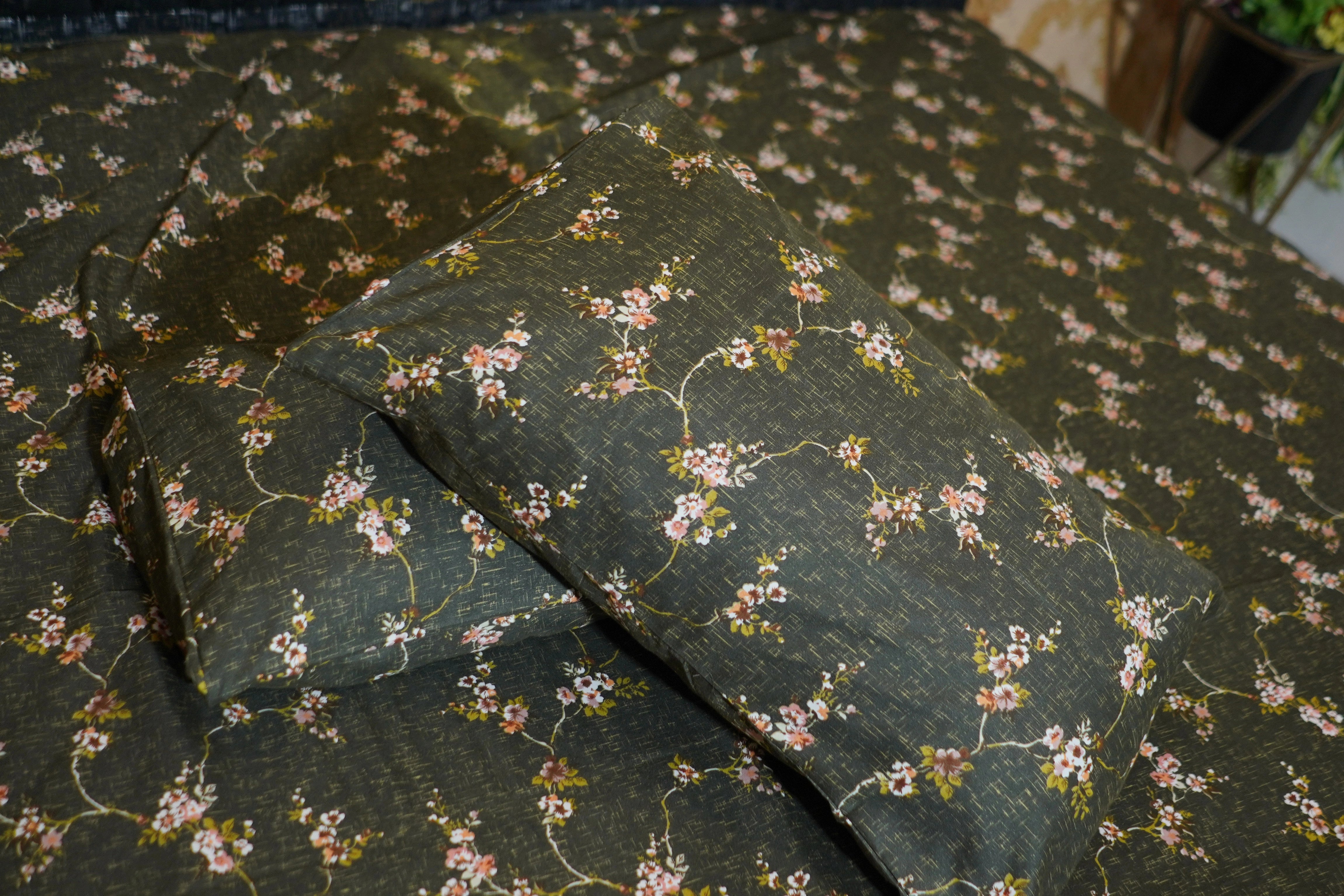 Dark floral fabric on a table