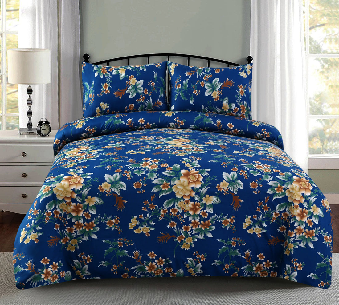 Floral bedding set on a bed in a bedroom with a lamp and clock on a nightstand.