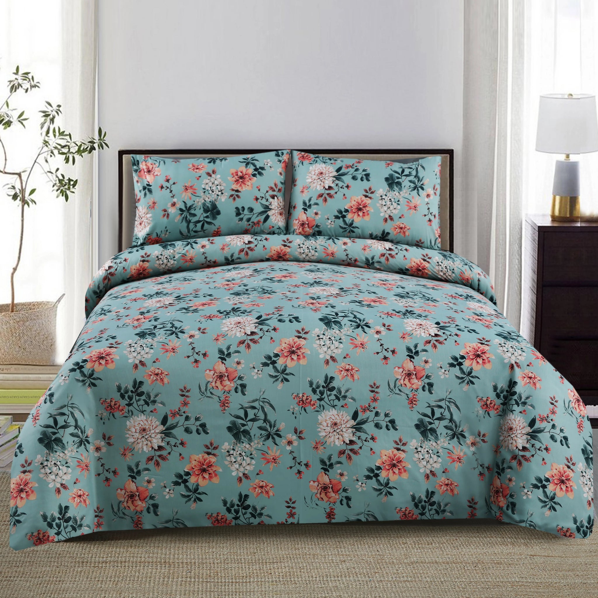 3 Piece Teal and Coral Printed | Tropical Leaf Bedsheet Set-2055