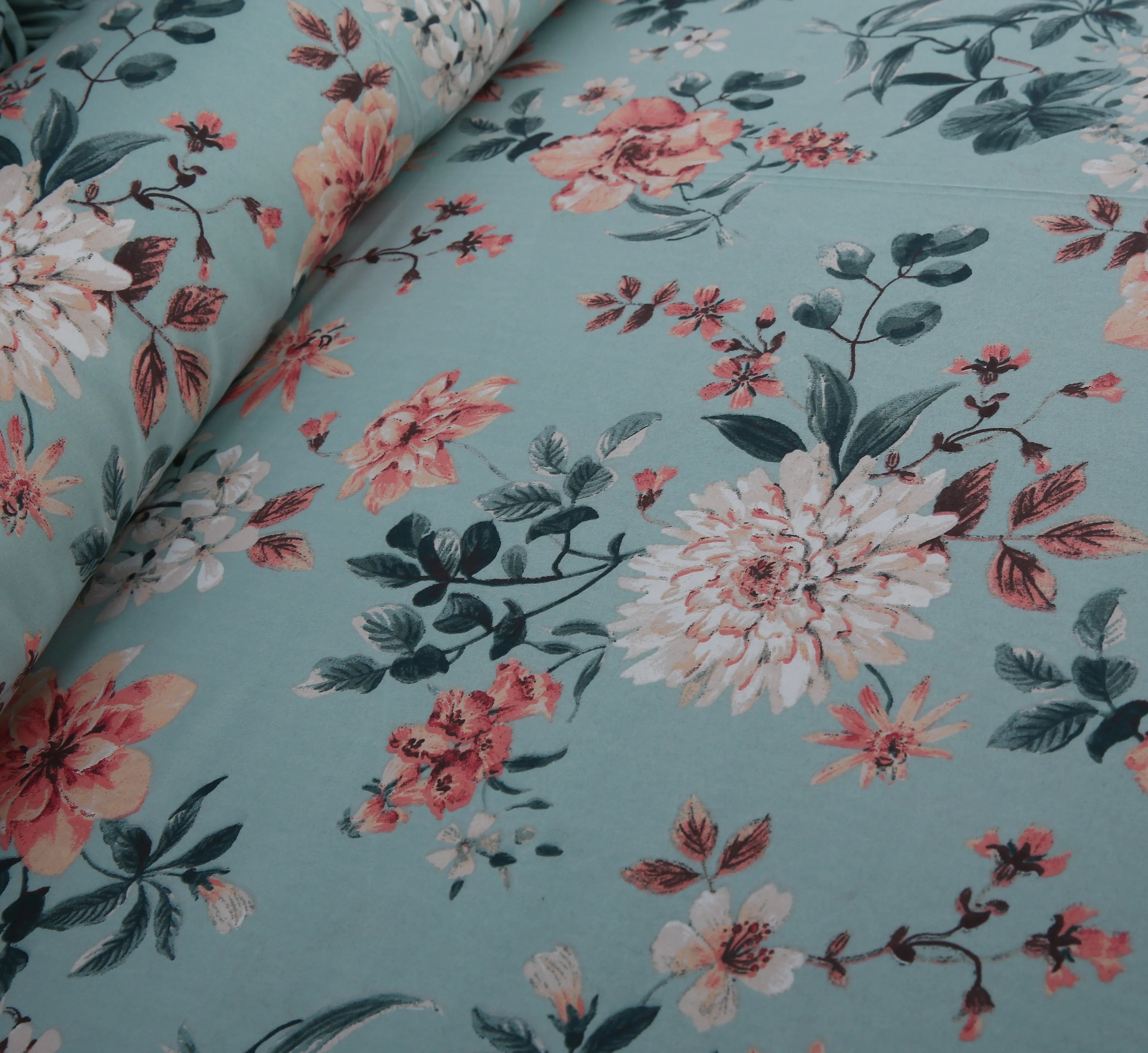3 Piece Teal and Coral Printed | Tropical Leaf Bedsheet Set-2055