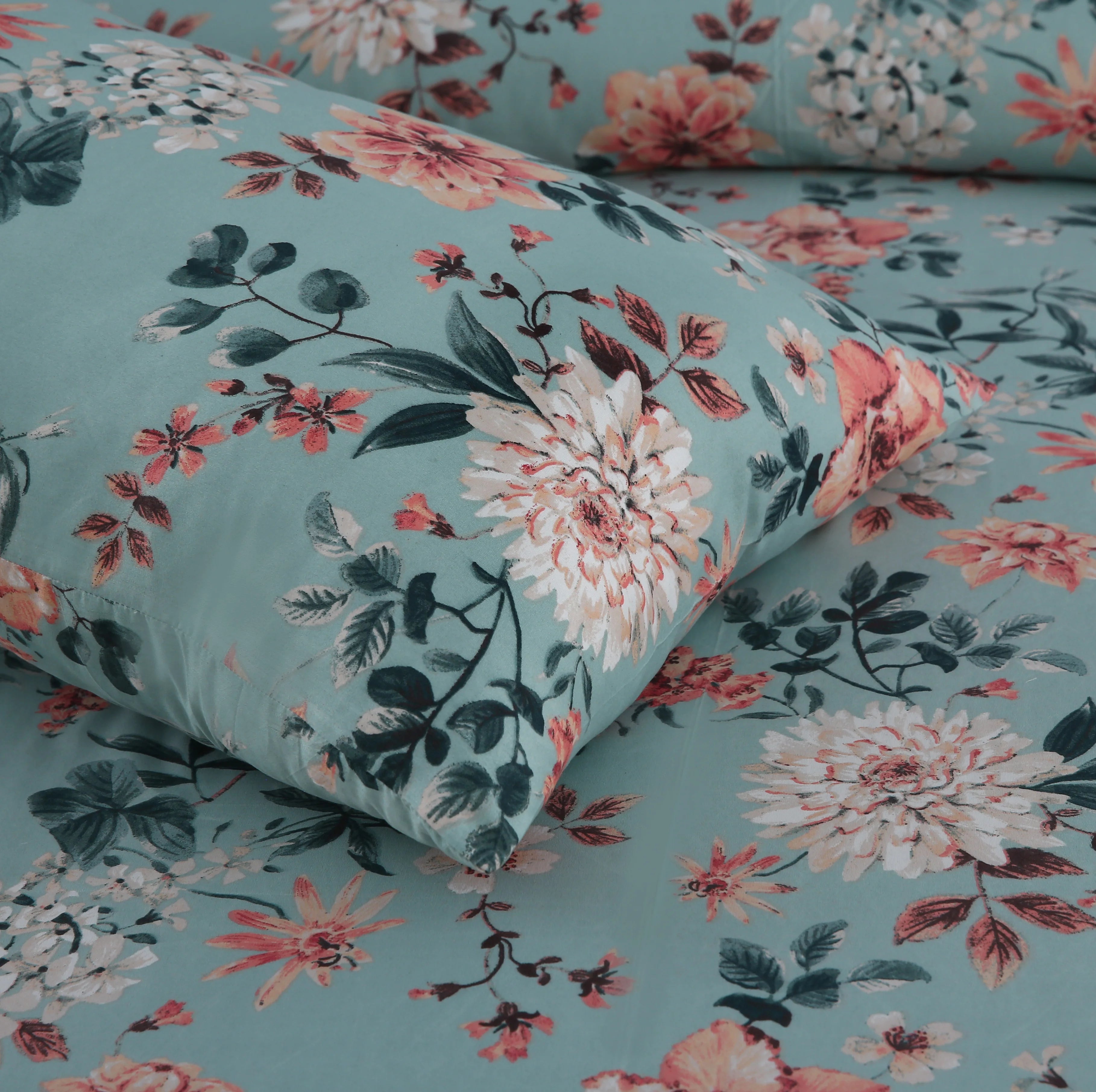 3 Piece Teal and Coral Printed | Tropical Leaf Bedsheet Set-2055