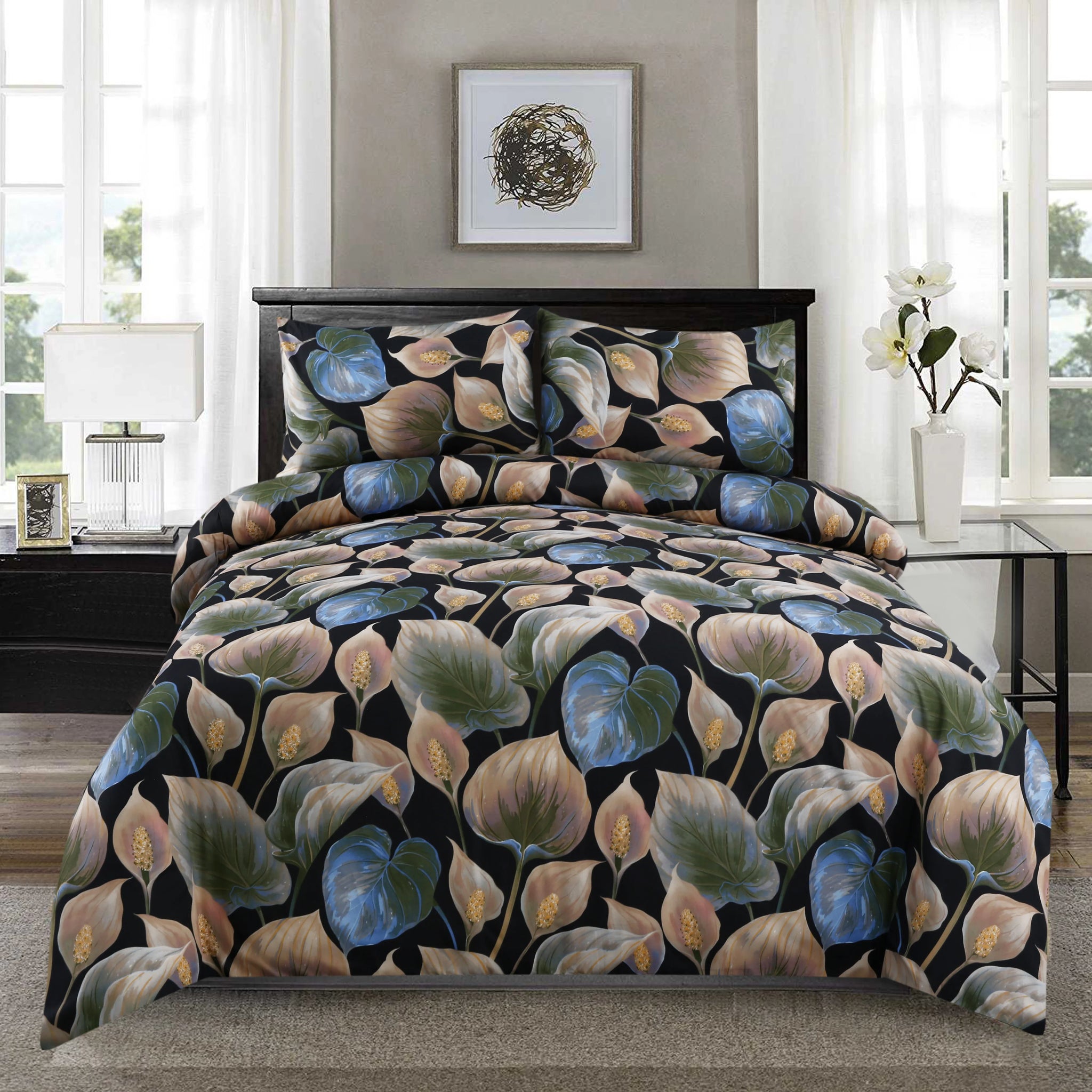 3 Piece Black Tropical Leaf | Modern Botanical Bedsheet Set-2051