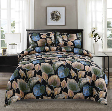 3 Piece Black Tropical Leaf | Modern Botanical Bedsheet Set-2051