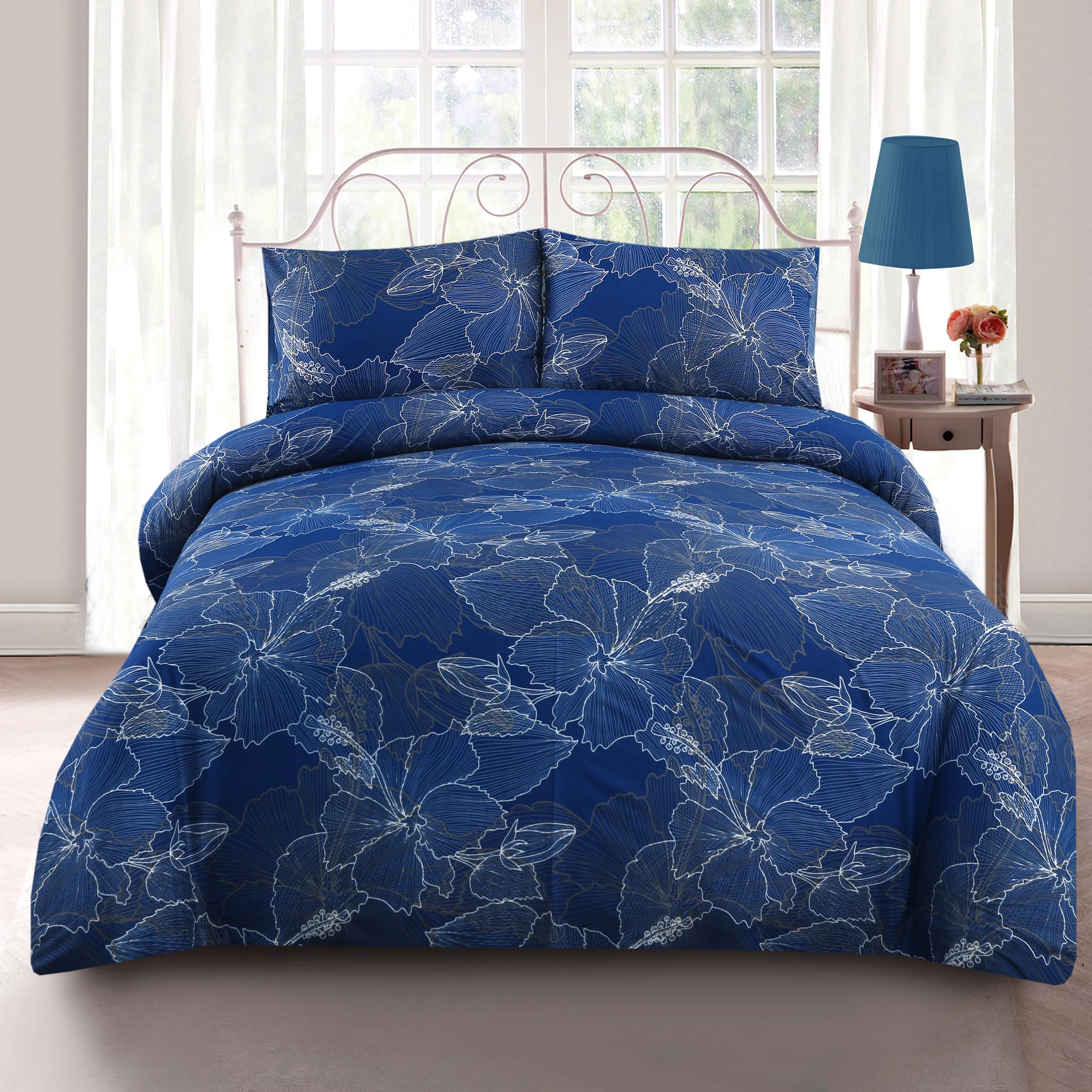 3 Piece Royal Blue and White | Elegant Leafy Bedsheet Set-2054