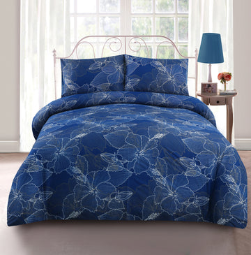 3 Piece Royal Blue and White | Elegant Leafy Bedsheet Set-2054