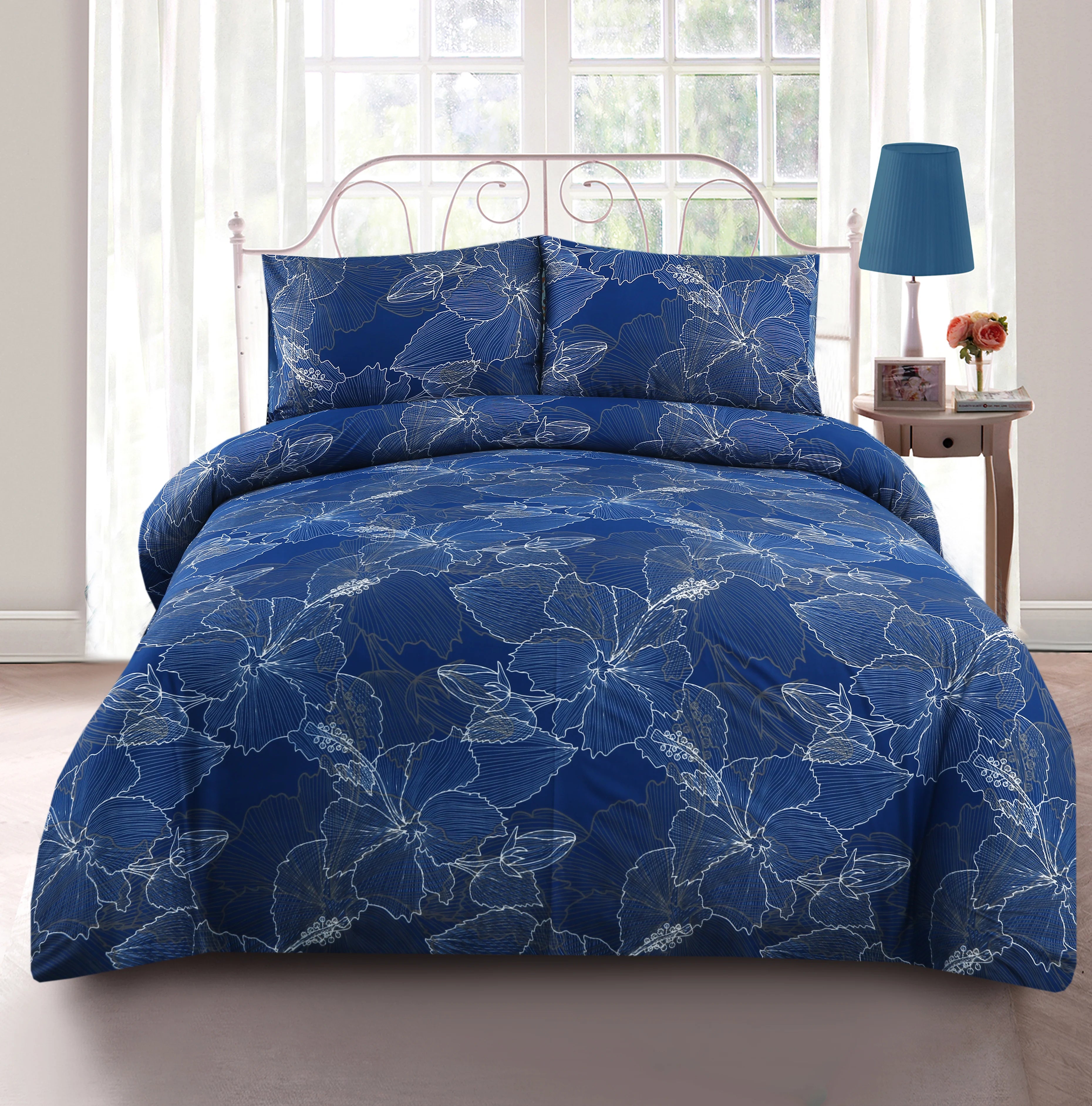 3 Piece Royal Blue and White | Elegant Leafy Bedsheet Set-2054