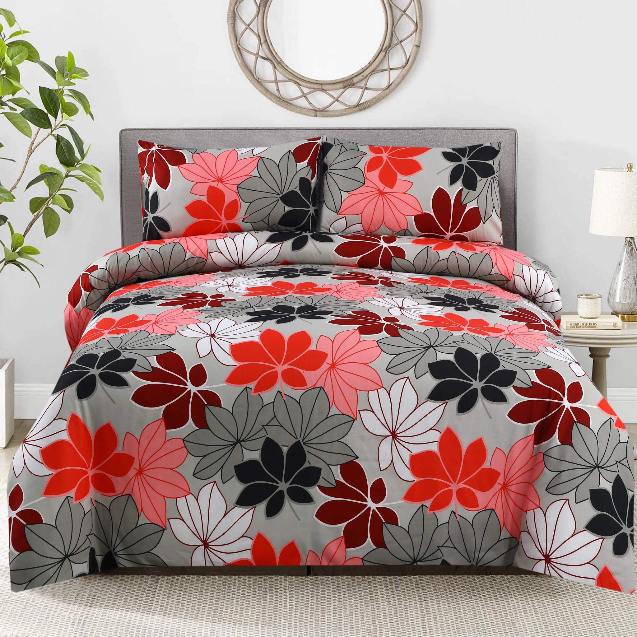6 Piece Grey and Red Floral | Modern Flower Duvet Cover Set-2052