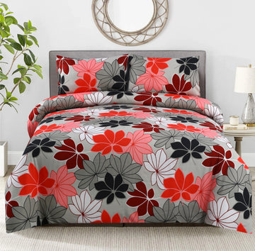 6 Piece Grey and Red Floral | Modern Flower Duvet Cover Set-2052