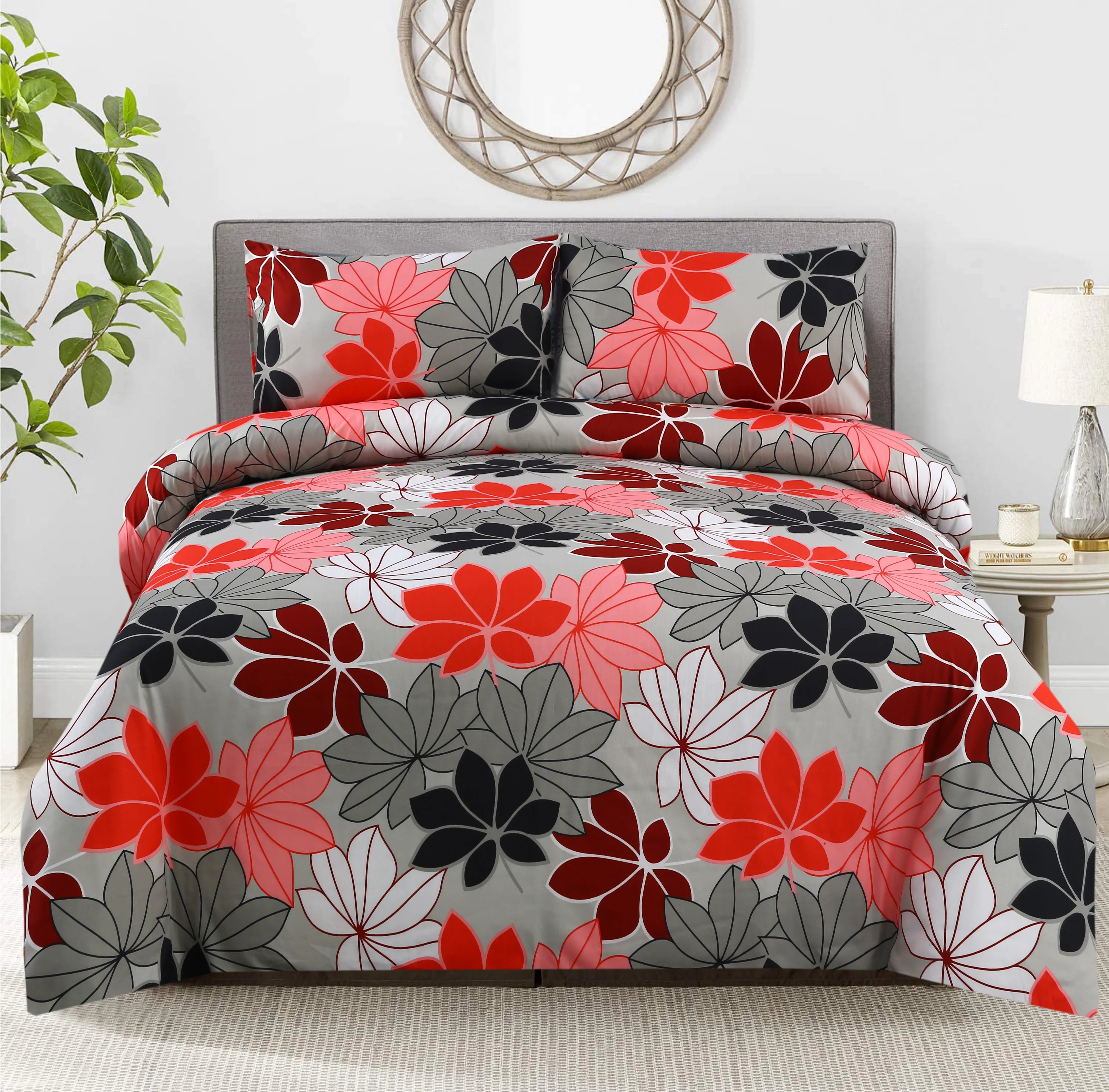 6 Piece Grey and Red Floral | Modern Flower Duvet Cover Set-2052