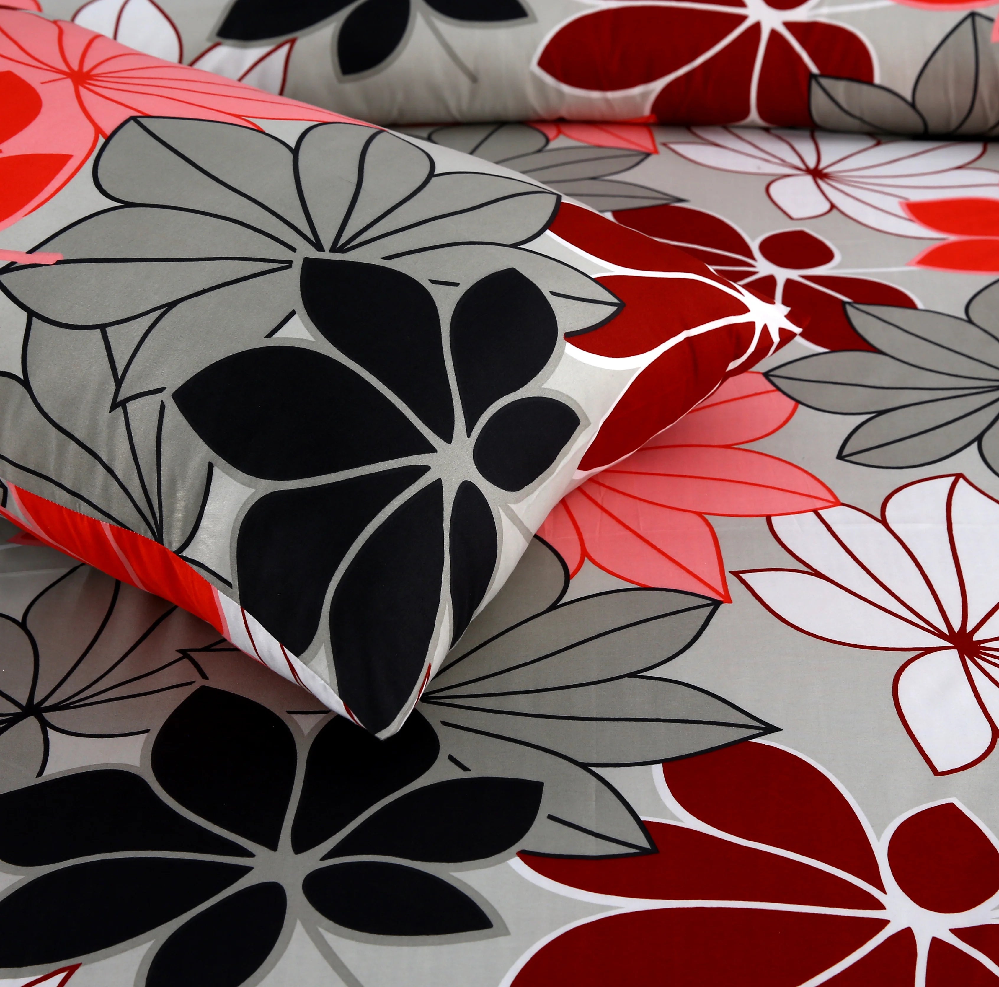 6 Piece Grey and Red Floral | Modern Flower Duvet Cover Set-2052