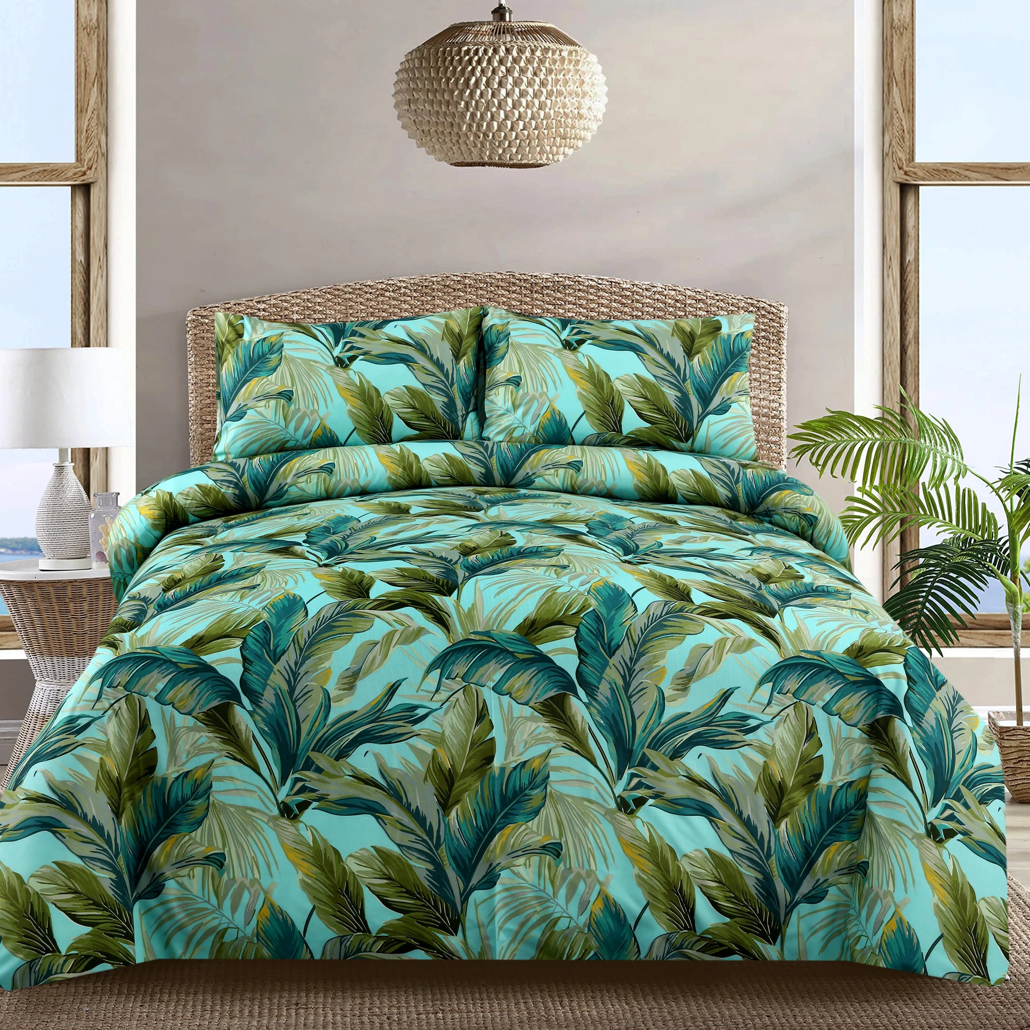 6 Piece Teal and Green Tropical Leaf | Nature-Inspired Duvet Cover Set-2053