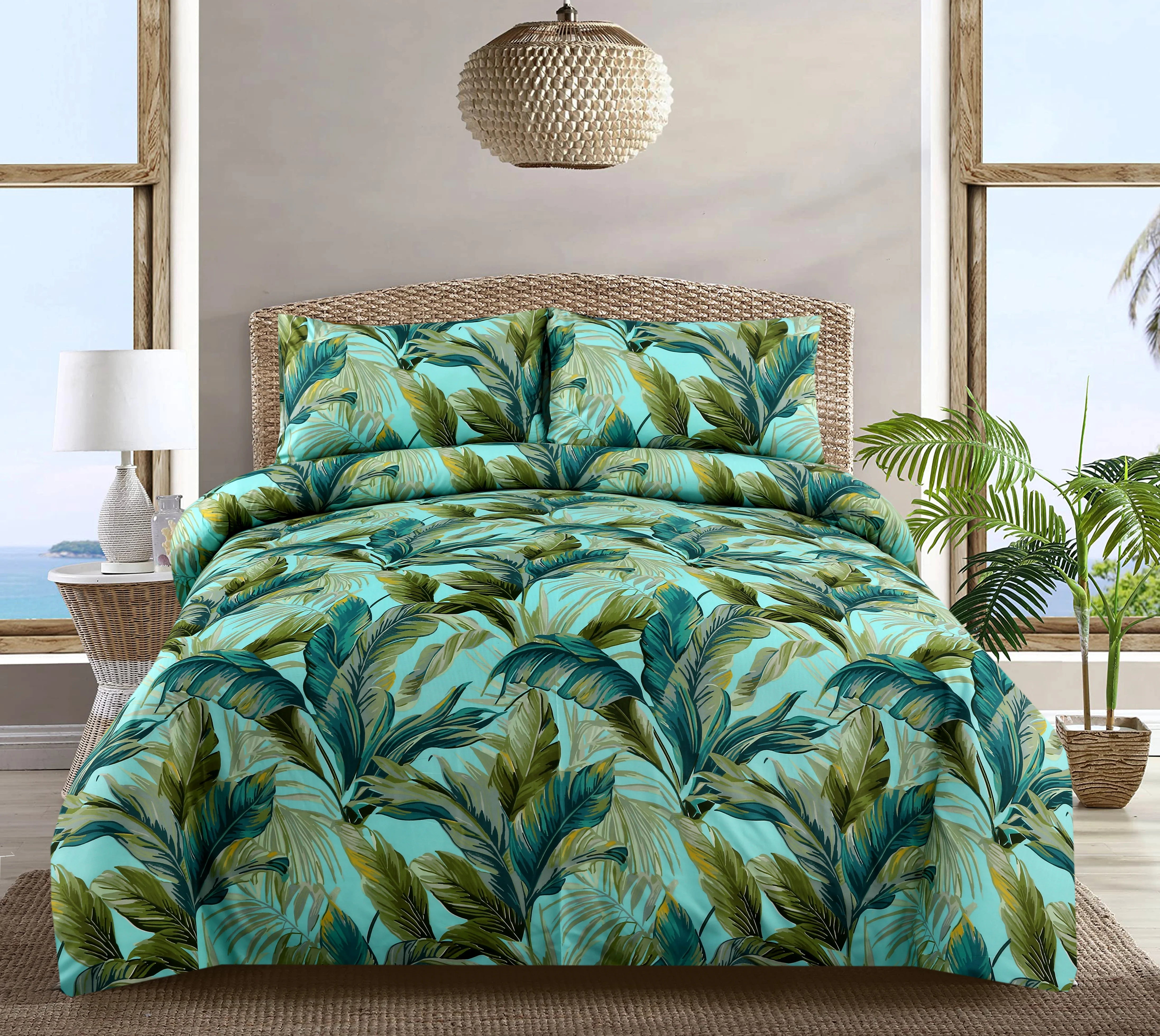 6 Piece Teal and Green Tropical Leaf | Nature-Inspired Duvet Cover Set-2053