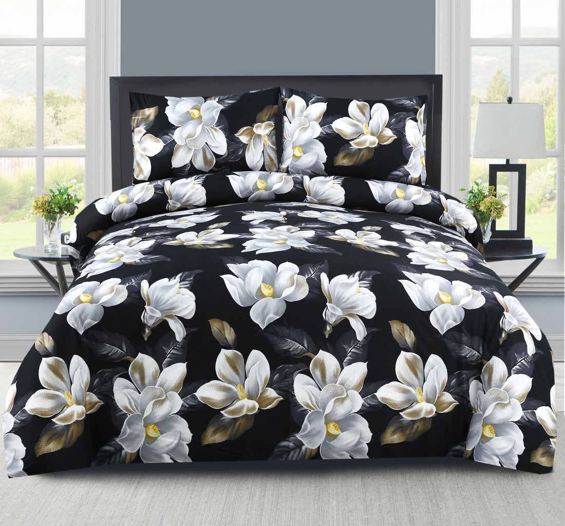 Floral bedding set with white flowers on a black background in a bedroom setting.