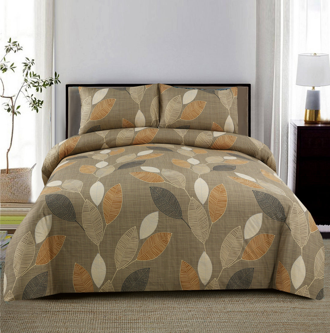 Bedspread with leaf pattern on a bed in a bedroom setting