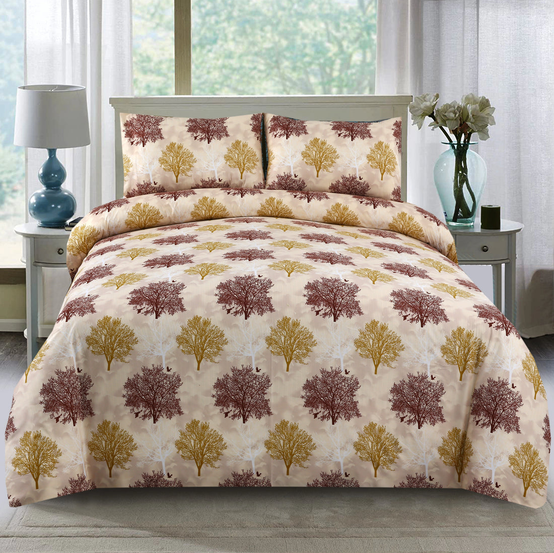 Bedding set with tree pattern in a bedroom setting