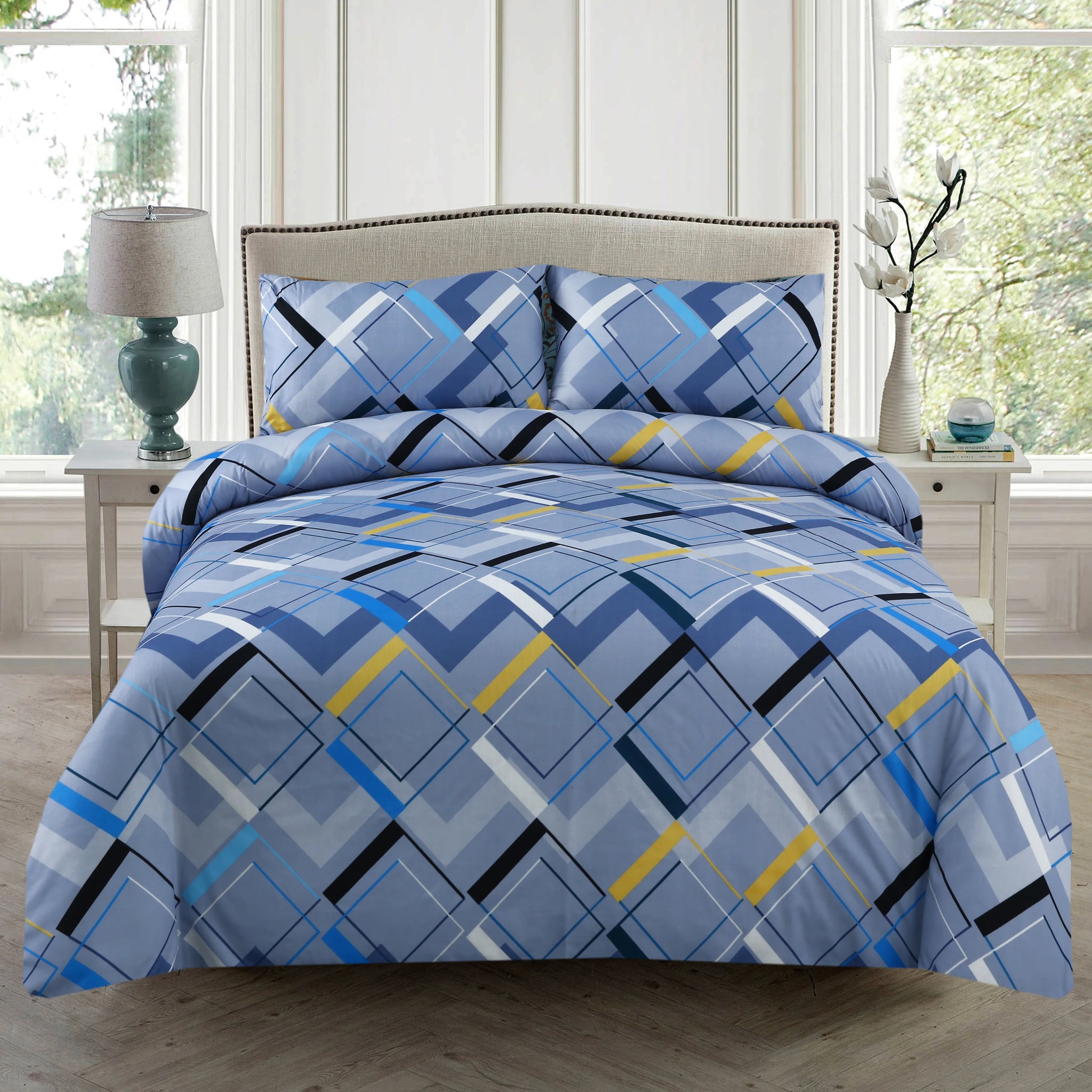 3 piece Blue Geometric Elegance | Modern Style & Comfort Bedsheet Set-2056