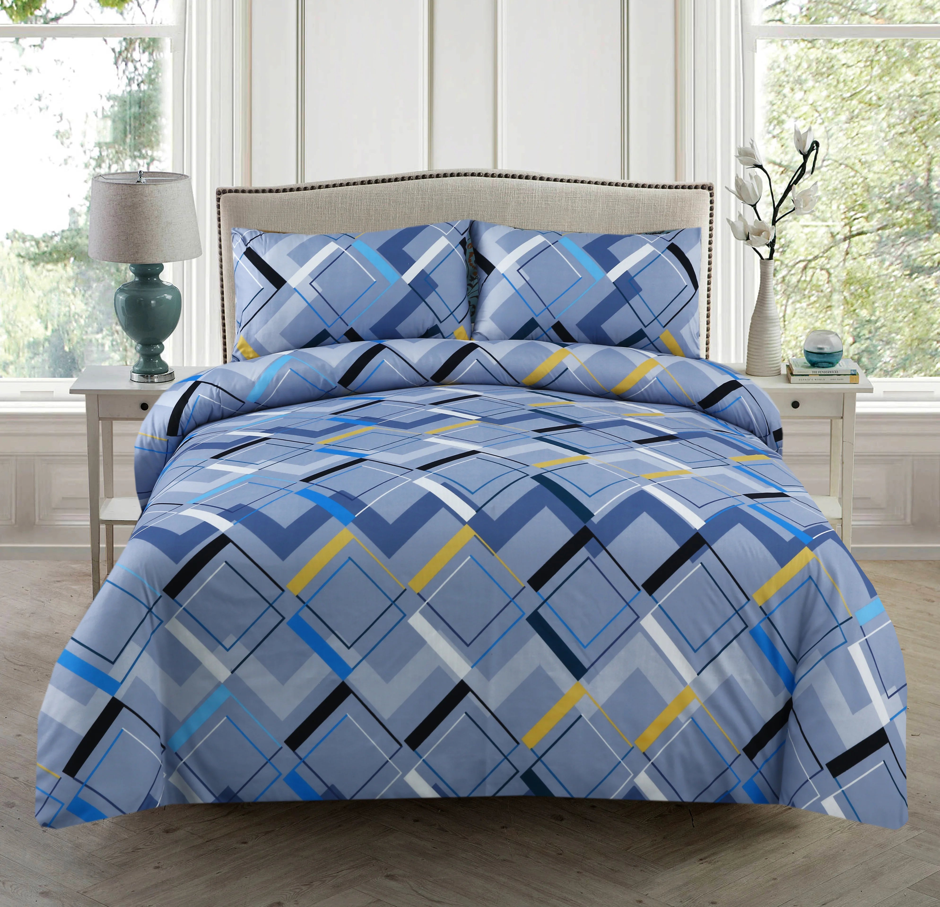 3 piece Blue Geometric Elegance | Modern Style & Comfort Bedsheet Set-2056