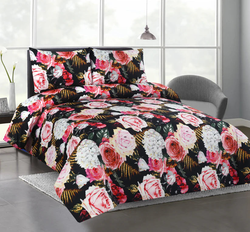 Floral bedding set on a bed with a modern room background