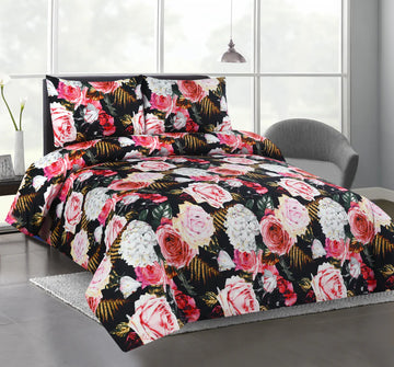 Floral bedding set on a bed with a modern room background