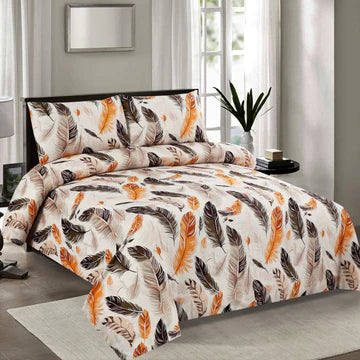 Bedding set with feather pattern in a bedroom setting