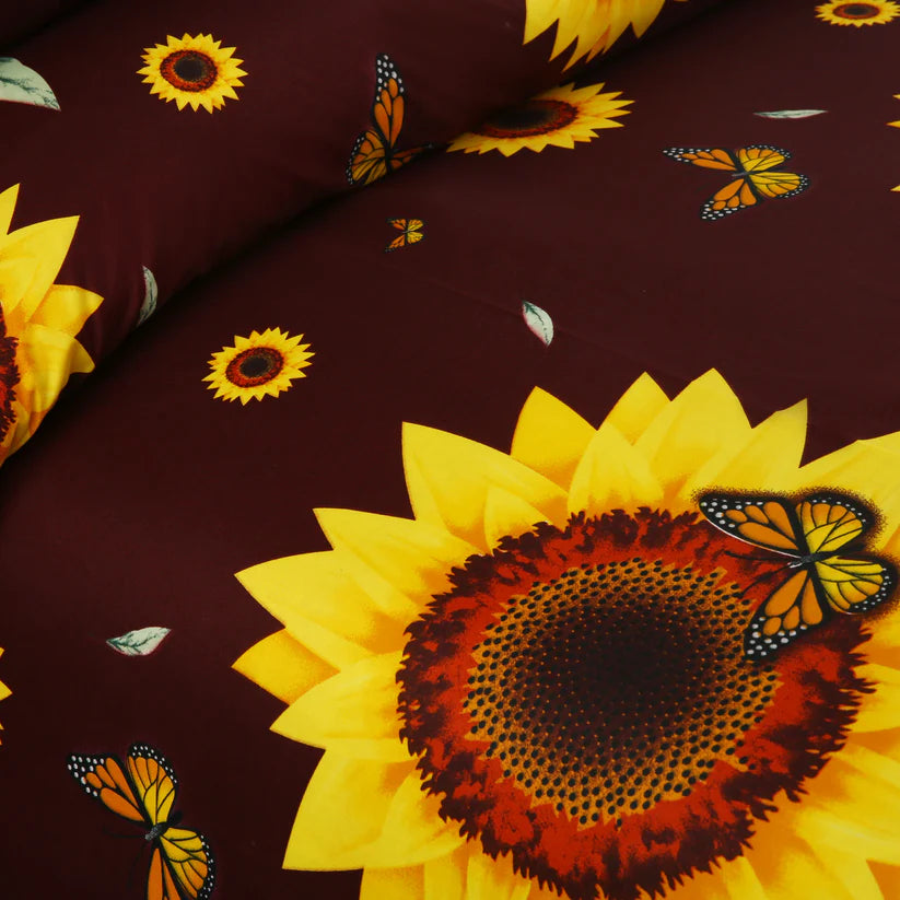 Fabric with sunflower and butterfly pattern on a brown background