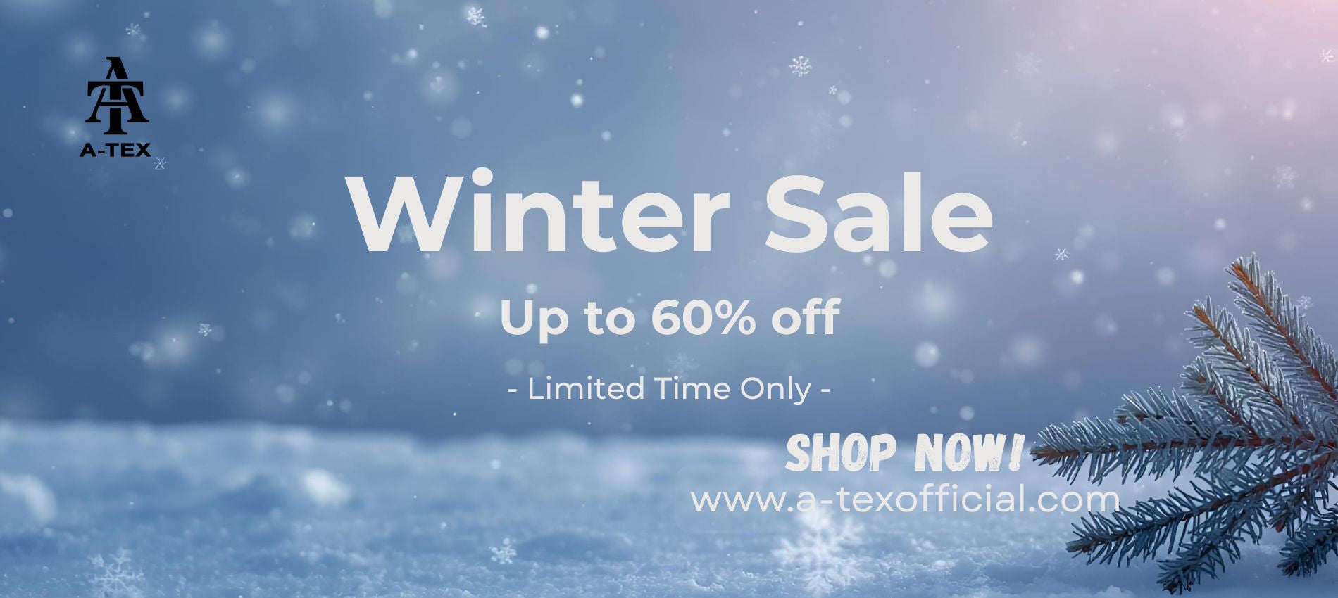 Winter sale advertisement with snowflakes and a pine branch on a blue background, featuring A-TEX brand.1621243260e1af0c20-0
